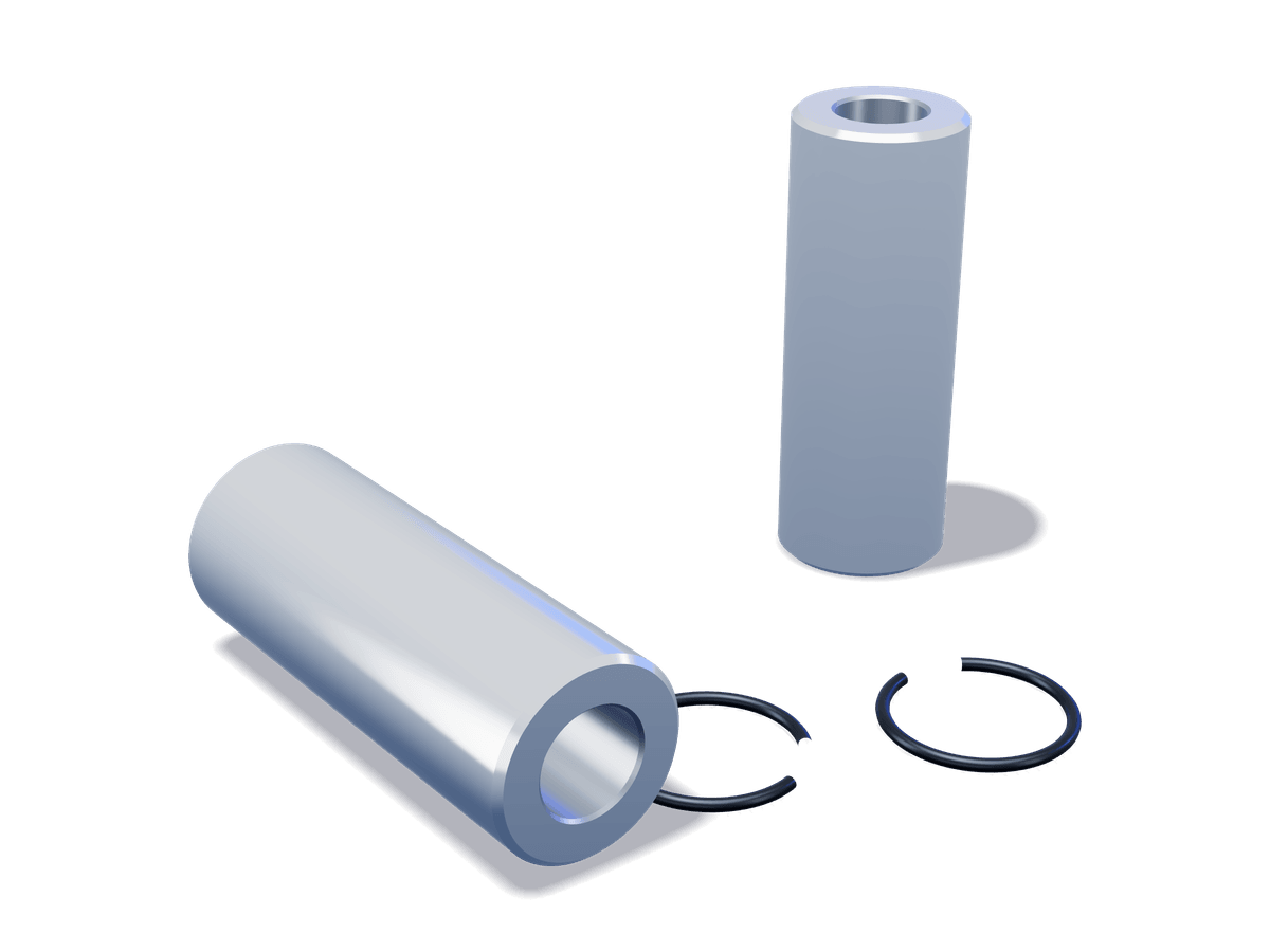 Two hollow piston pins with circlips
