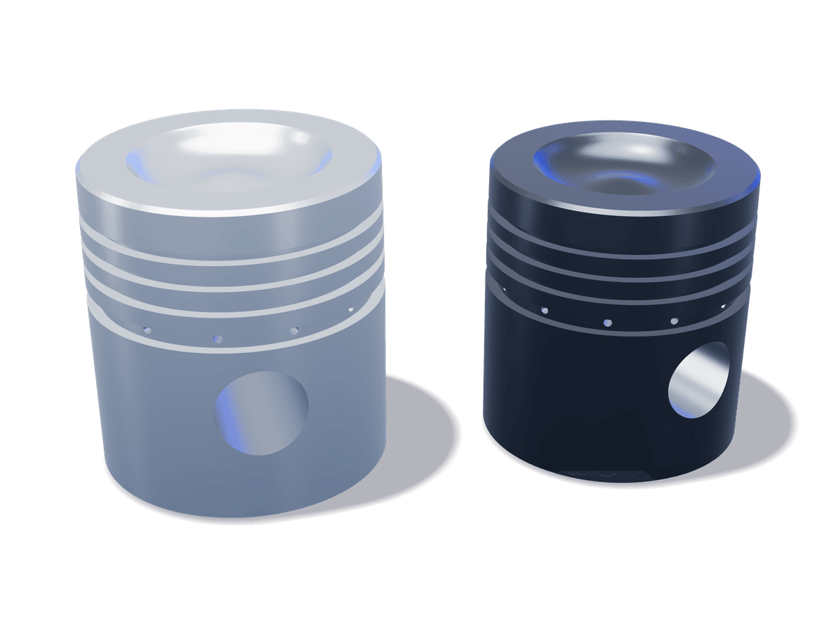 Two diesel engine pistons, aluminium and steel, with ring grooves and pin bores