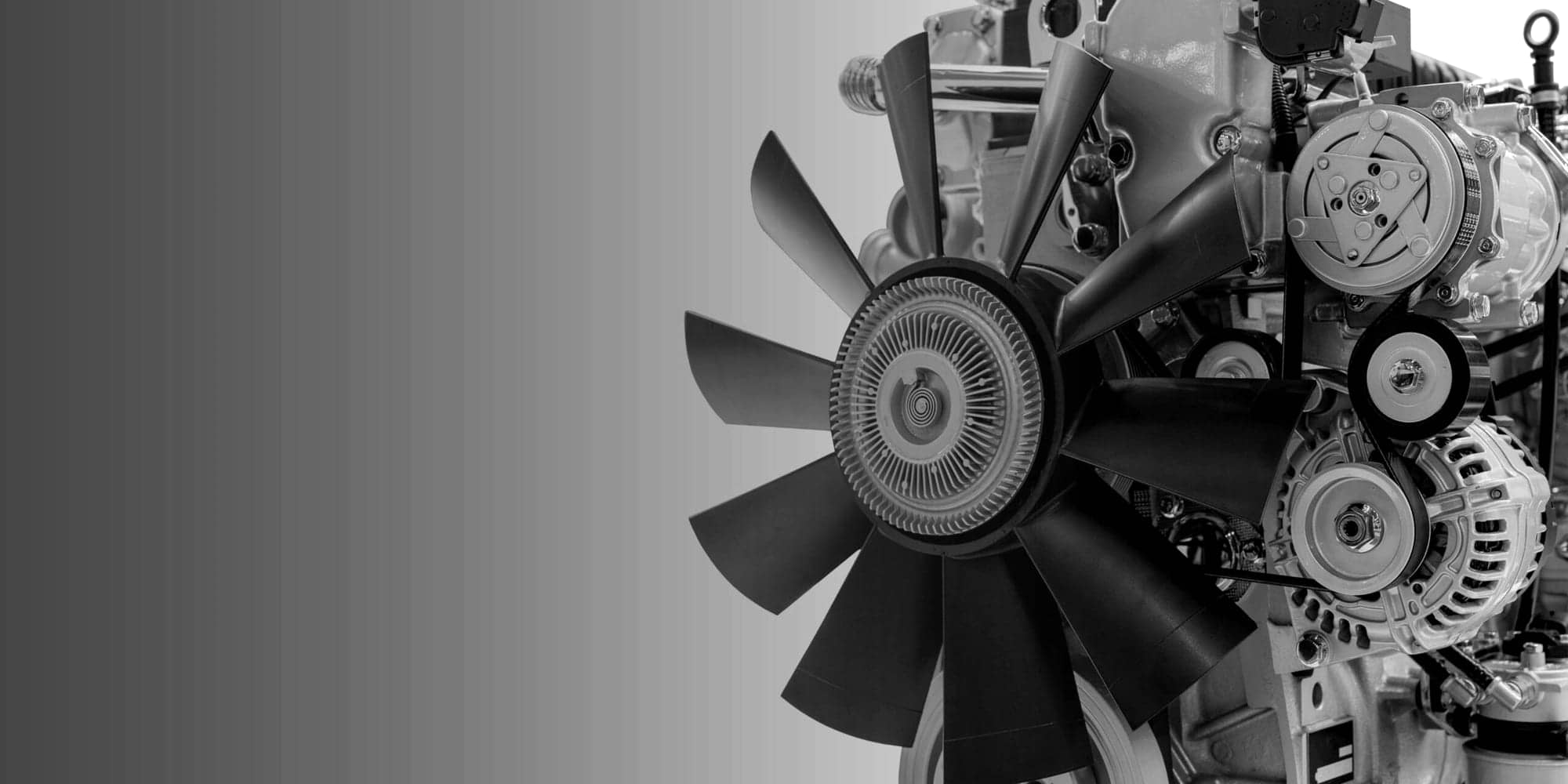Diesel engine front end with fan and belt drive